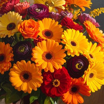 A vibrant bouquet of flowers in shades of yellow, orange, and red
