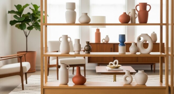Curated collection of decorative vases and pottery displayed on modern light oak veneer shelving unit
