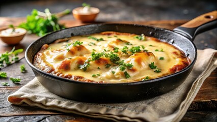 Fototapeta premium A photo of a goldenbrown, melted cheese baked dish in a dark skillet on a pristine white background Creamy sauce swirls around gooey cheese, creatin