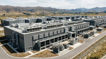 Fototapeta premium Aerial view of modern industrial data center complex with cooling units and solar panels in rural landscape