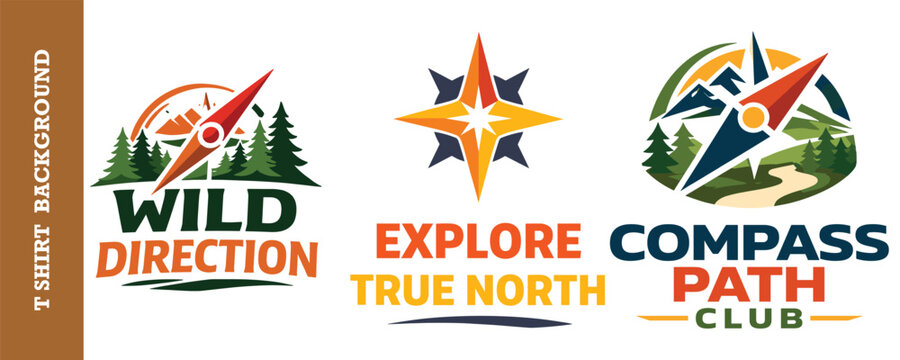 Direction wild compass logo with mountains trees and sun vintage graphic symbol.