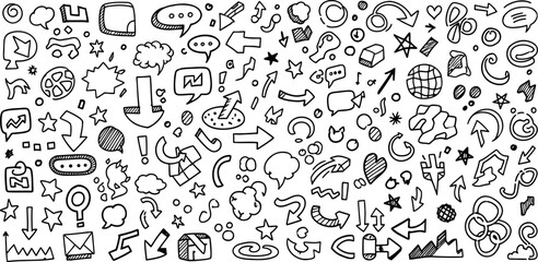 Fototapeta premium Hand drawn doodle set with arrows speech bubbles and various office or business symbols for creative project notes