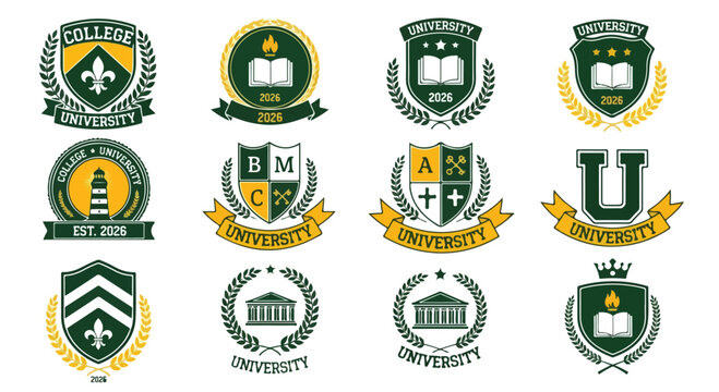Vintage university crest collection, set of 12 academic shield emblems, green and yellow college logo vectors with laurel wreaths and books