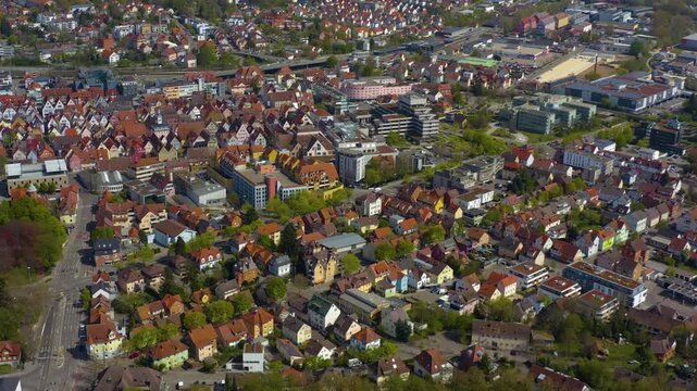 Aerial view of the old town and city Aalen in Germany on a sunny spring day 