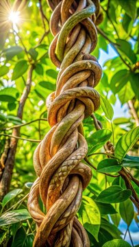 A photo of a thick, twisting ayahuasca vine isolated on a pristine white background The intricate patterns and vibrant colors of the vine create an m