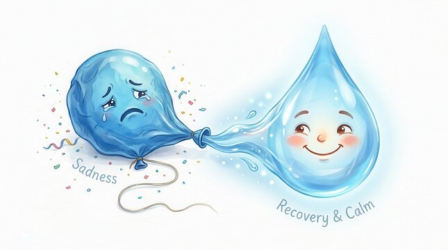 A blue water balloon sad and crying connects to a happy water drop showing recovery and calmness