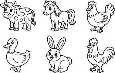 Obraz premium Six cartoon farm animals, black and white line horse