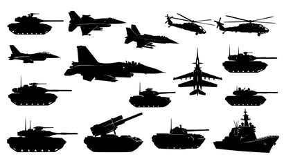 Military vehicle and aircraft silhouette vector set tanks jets helicopter warship defense © MdShohagAhammad