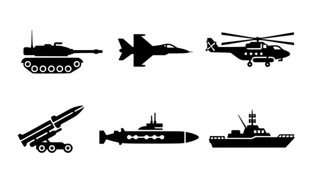 Military vehicle silhouette icon set tanks jets helicopter defense vector collection