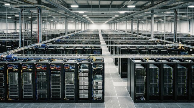 High-tech server farm in modern data center with rows of rack-mounted servers and industrial lighting