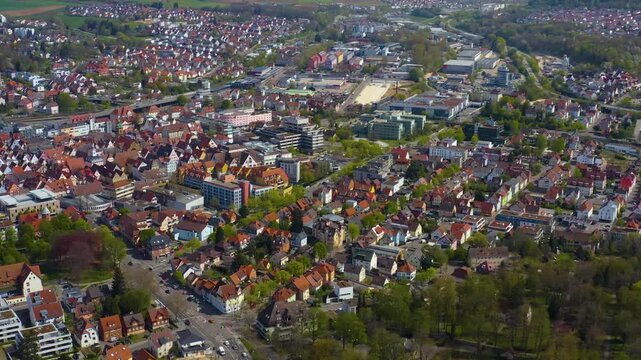 Aerial view of the old town and city Aalen in Germany on a sunny spring day 