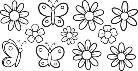 Naklejka premium Flower coloring page with butterflies and sunshine for kids simple floral line art printable 
