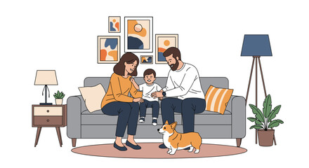 Fototapeta premium Happy family with a small child and a corgi dog sitting together on a grey sofa in a stylishly decorated modern living room.