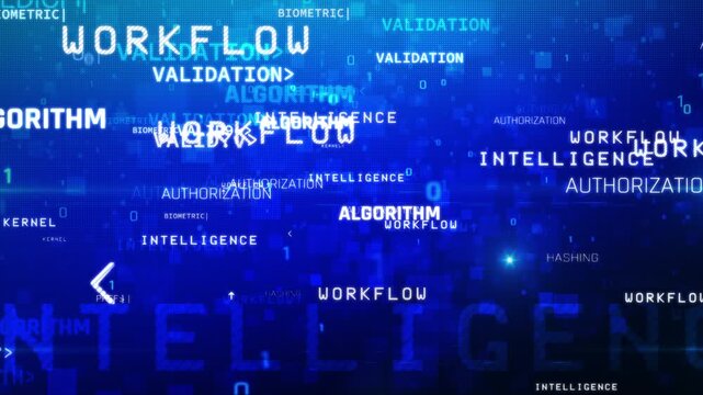 Abstract AI data background with algorithm, workflow, and intelligence text for big data, machine learning, digital technology concept