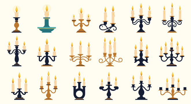 Collection of various ornate candelabras and candle holders with lit candles displayed in rows against a cream background.
