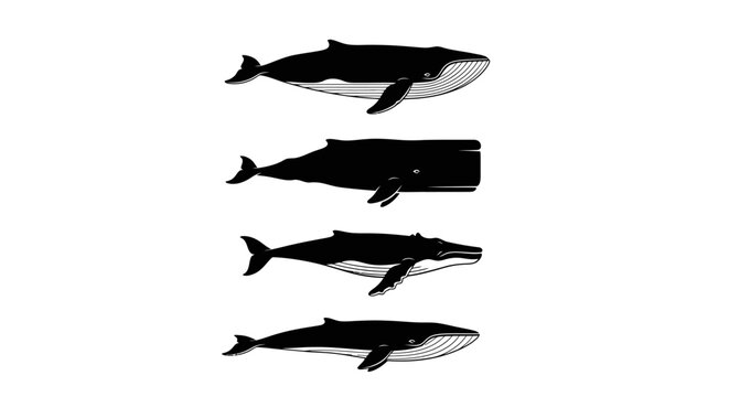 Set of black whale species silhouettes on white
