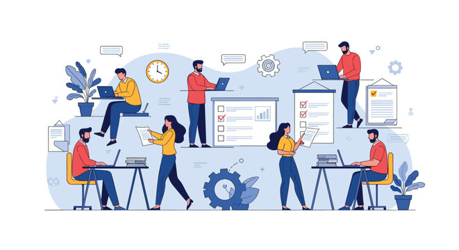 Busy group of people managing tasks and workflows using checklists, laptops, and data charts in a stylized corporate environment.