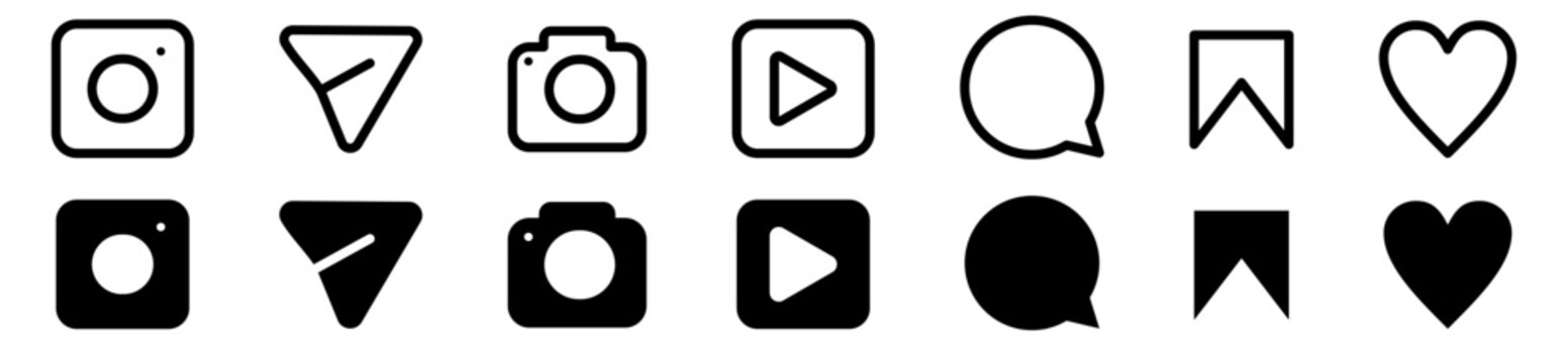 Instagram line icon set social media symbols camera reels grid like comment share repost save notification ui icons.