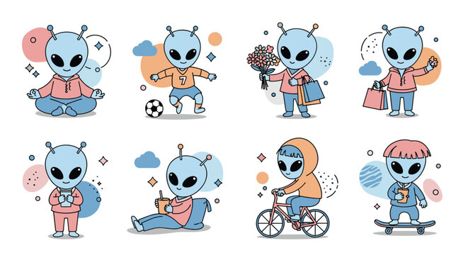Set of cute blue extraterrestrial characters shows aliens practicing yoga, playing soccer, shopping, drinking coffee, and riding a bicycle.