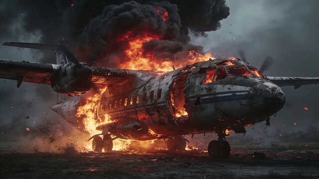 Dramatic scene of a twin-engine turboprop airplane engulfed in flames and thick black smoke after a crash landing on a runway.
