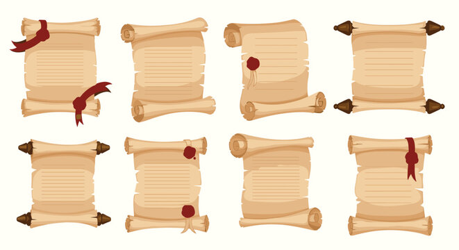 Collection of old parchment scrolls features different rolled formats with red wax seals, silk ribbons, and wooden spindles for historical documents.