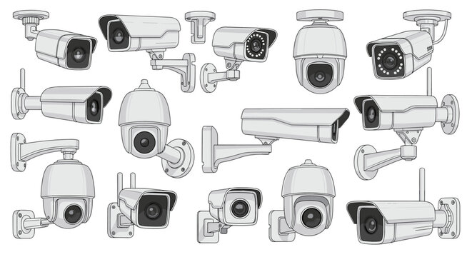 Comprehensive set of security camera designs features various models like bullet, dome, and wireless surveillance equipment for home or business.