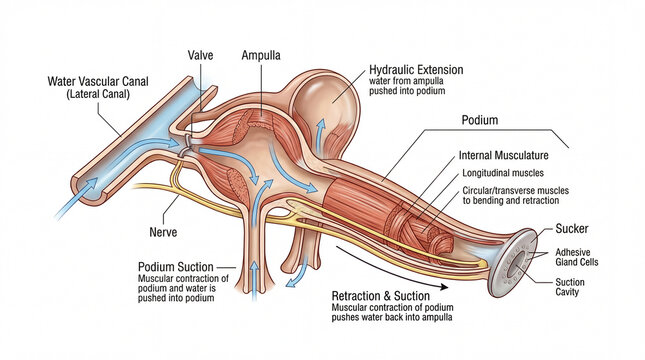 Anatomic cross-section of starfish tube foot and ampulla showing hydraulic movement on white