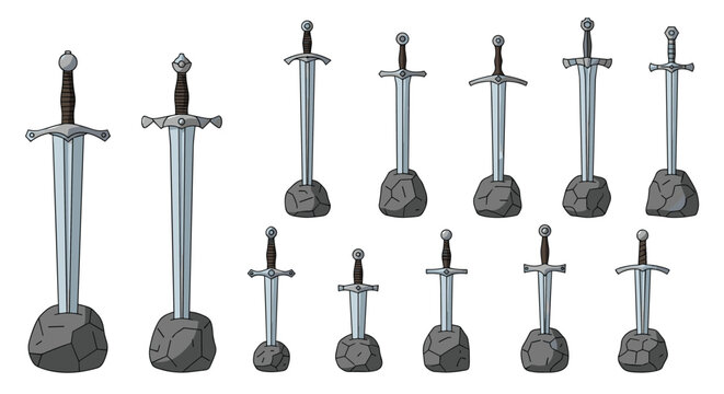 Fantasy sword collection features various designs of blades stuck firmly into rocks, inspired by the legendary tale of Excalibur.