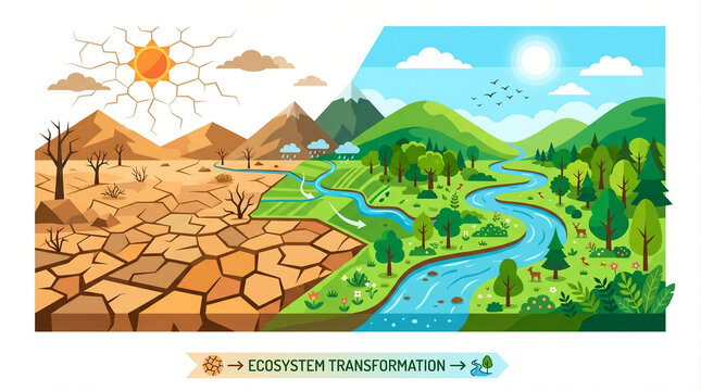 Illustration depicting a stark contrast between a desolate, drought-stricken landscape and a vibrant, flourishing ecosystem with a river and lush greenery