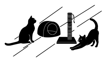 Cat silhouette icon set bed scratching post sitting and stretching feline vector collection © MdHacib