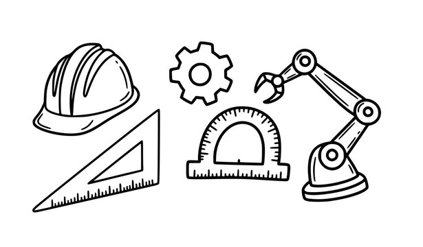 Hand drawn engineering icons hard hat gear cog protractor robotic arm doodle vector set
