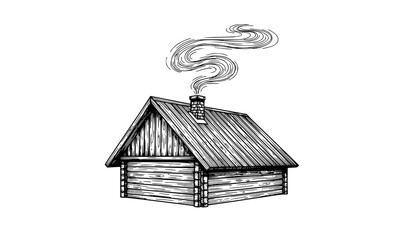 Vintage hand drawn cabin house with chimney smoke vector illustration countryside home sketch isolated © MdHacib