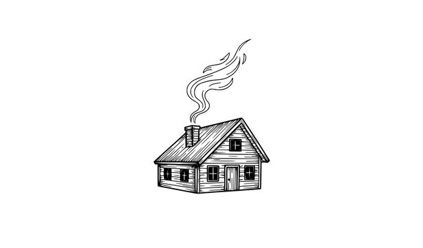 Hand drawn cozy cabin with chimney smoke vector illustration rustic house sketch isolated on white