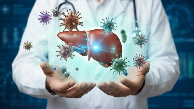 Human liver health, medical professional, viral infection, bacterial threat, disease research, organ immunology, biological science, healthcare innovation