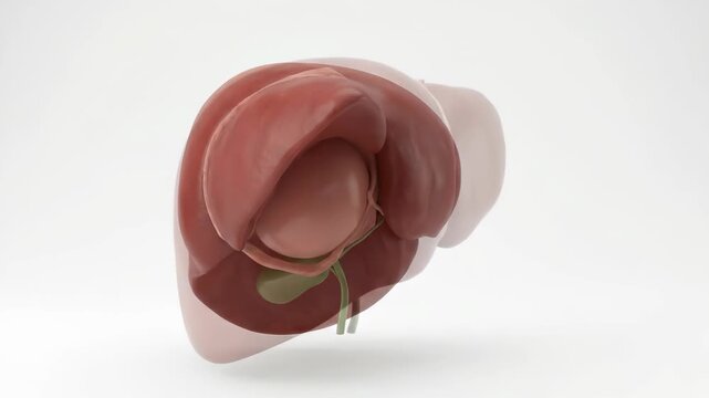 Human liver, essential vital internal organ, detailed anatomical body model, healthy hepatic system, detoxification function, medical science education, biological representation including gallbladder