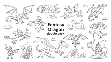 Fototapeta premium Fantasy dragon doodle pack with knights and fire elements hand-drawn illustration for childrens books and game design isolated on white background
