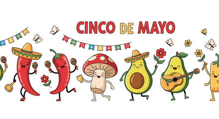 Fototapeta premium Vibrant Cinco de Mayo celebration illustration with dancing chili peppers, avocados, and festive Mexican decorations.