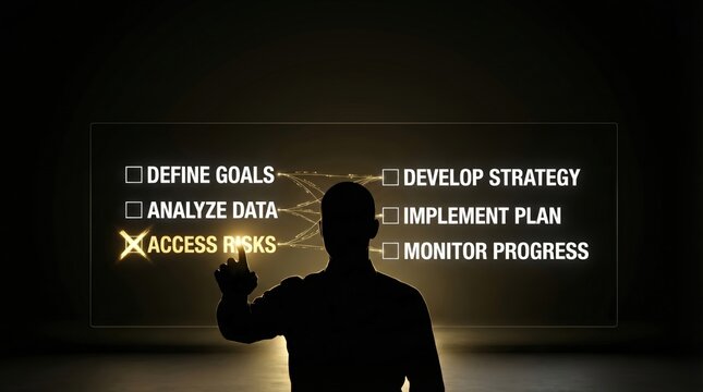 Silhouette Pointing at Glowing Interactive Business Strategy Checklist Screen