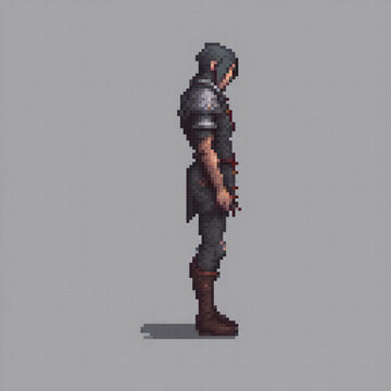 A pixel art image of a knight standing in a medieval setting, with a red cross on his chest and a sword at his side.