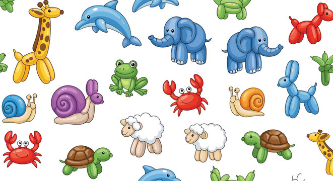 Playful seamless pattern of colorful balloon animals like giraffes, elephants, and crabs for children's designs.