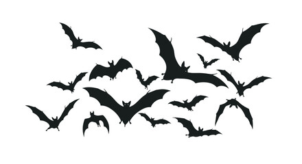 Obraz premium Group of black bat silhouettes flying in a cluster across a white background perfect for halloween or wildlife design themes.