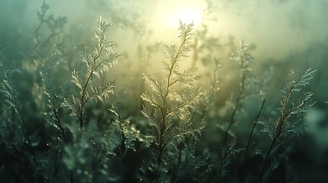 Delicate Frost Encrusted Foliage Illuminating a Wintery Landscape at Sunrise