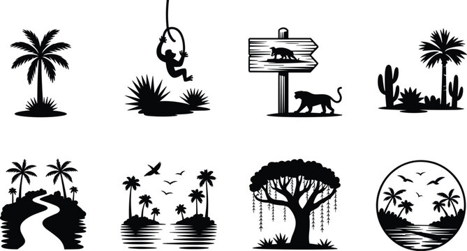 Set of Eight Detailed Black and White Nature Scenes Featuring Tropical Palm Trees Monkey Hanging on Vine Jungle River and Wildlife Safari Silhouette Icons