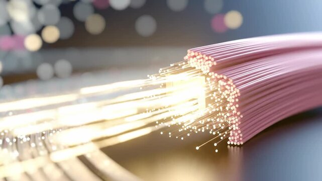 Close-up of bundled pink fiber optic cables transmitting bright light, symbolizing digital communication and high-speed data transfer, with blurred bokeh lights in the background, 