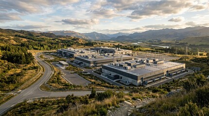 Naklejka premium Aerial view of modern industrial data center campus in rural mountain valley at sunset