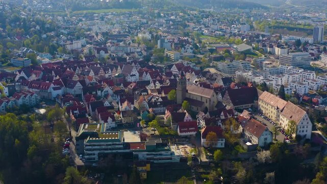 Aerial view of the city Leonberg in Germany on a sunny morning in early spring
