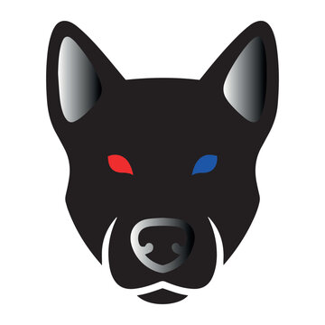 Black dog head illustration with unique red and blue eyes