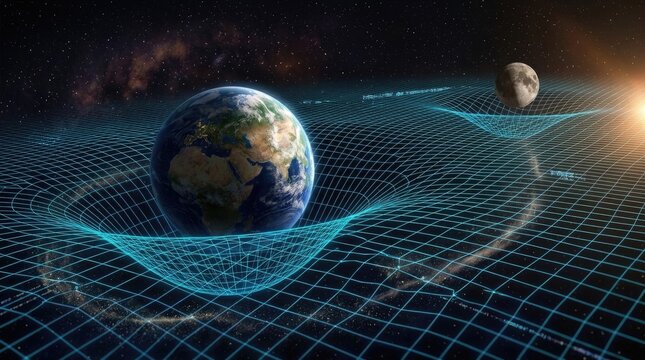 Earth, moon, and distant star demonstrate gravitational spacetime curvature, depicting cosmic mass distorting universal fabric, influencing celestial body movement.