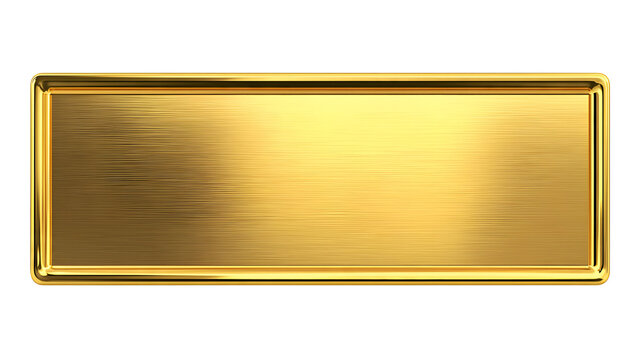 A gleaming, polished gold rectangular plaque with a brushed metallic texture, isolated on a pure white background, representing luxury and achievement