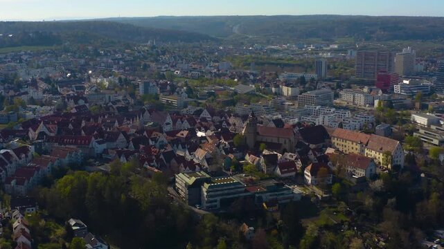 Aerial view of the city Leonberg in Germany on a sunny morning in early spring